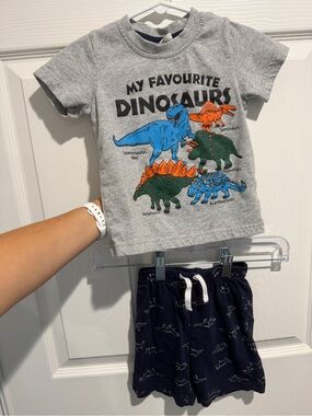 Gray Kids Dinosaur Tee and Navy Shorts Set
